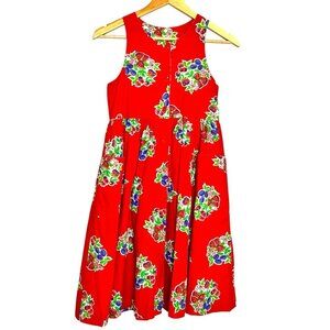 Vtg 80s Girls Red Strawberry Fruit Print Dress Drop Waist Cotton USA Pockets L